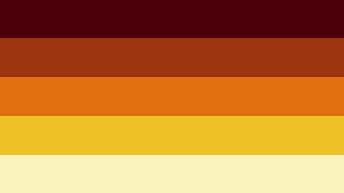 5 striped flags, the colors from top to bottom are dark red, red-orange, orange, yellow, pale yellow.