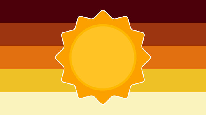 5 striped flags, the colors from top to bottom are dark red, red-orange, orange, yellow, pale yellow. in the center it has an image of a sun with a yellow center, orange rays and a yellow outline.