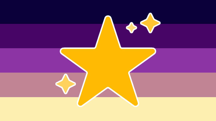 5 striped flags. the colors from top to bottom are dark purple, purple, mid purple, yellow-pink, yellow. In the center it has an image of a large yellow star with 3 smaller 4 pointed stars around it and it has a white outline.