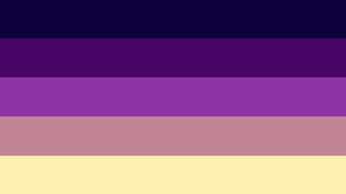 5 striped flags. the colors from top to bottom are dark purple, purple, mid purple, yellow-pink, yellow.