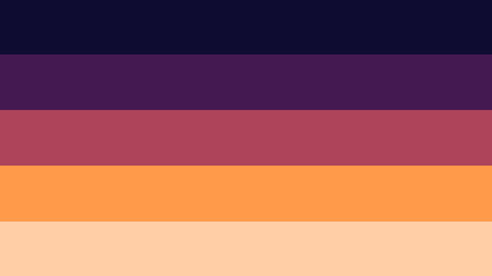 horizontally 5 striped flag, colors from top to bottom are dark purple, purple, desaturated pink, orange, pale orange.