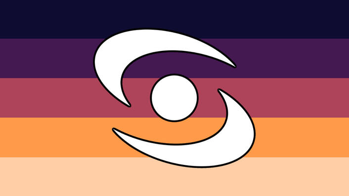 horizontally 5 striped flag, colors from top to bottom are dark purple, purple, desaturated pink, orange, pale orange. in the center is a white image of a nova with a black outline