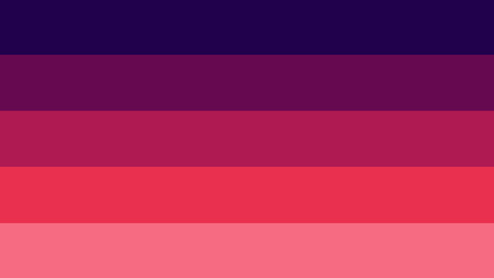 horizontally 5 striped flags. colors from top to bottom are dark blue, purple, pinky-purple, red, pale pink.