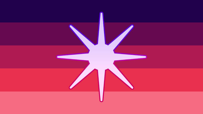 horizontally 5 striped flags. colors from top to bottom are dark blue, purple, pinky-purple, red, pale pink. in the center is an eight pointed pale purple to pale pink gradient star with a bright purple to bright pink gradient outline.