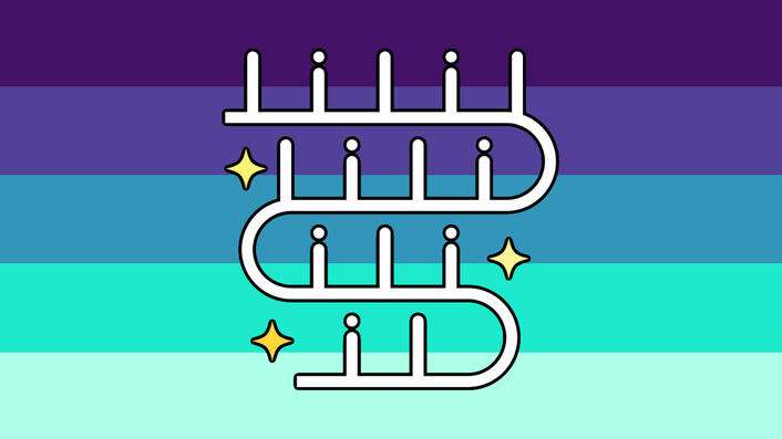 a horizontally 5 striped flag. colors from top to bottom are dark purple, desaturated purple, blue, blue-green, pale blue-green. In the center is a simplistic drawing of the aurora borealis in white with 3 yellow stars around it, its outlined in black.