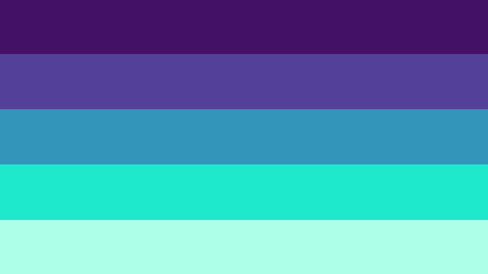 a horizontally 5 striped flag. colors from top to bottom are dark purple, desaturated purple, blue, blue-green, pale blue-green.